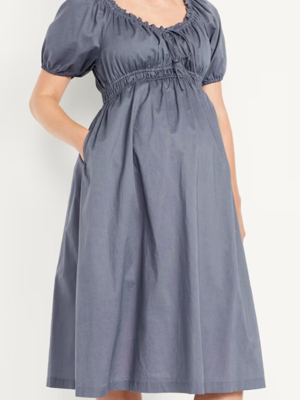 NWOT Maternity XXL Puff-Sleeve Midi Dress 100% Cotton Dusty Light Blue/Inkwell
